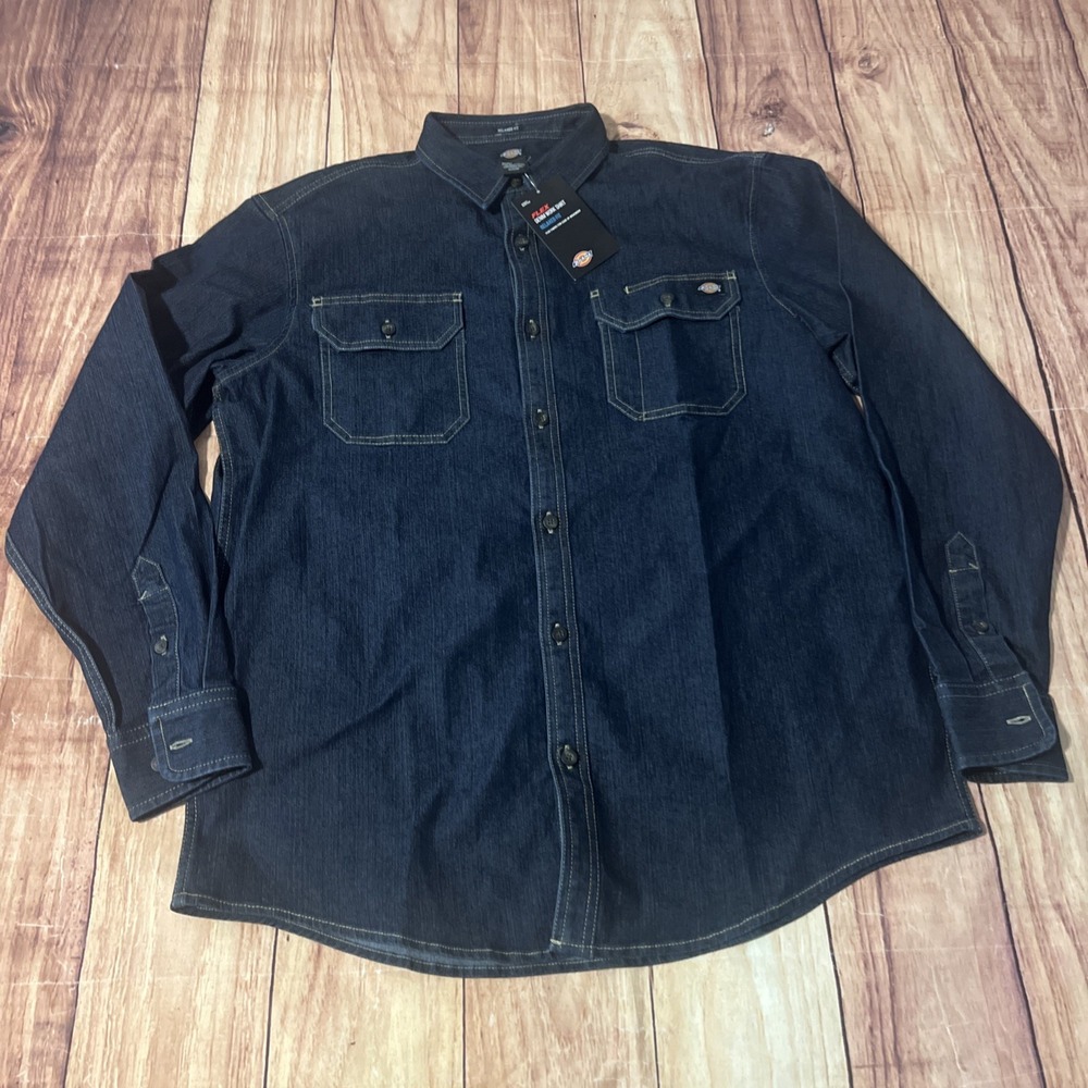 NWT Dickies Denim Work Shirt Men's M Dark Wash Blue Button Down Long Sleeve